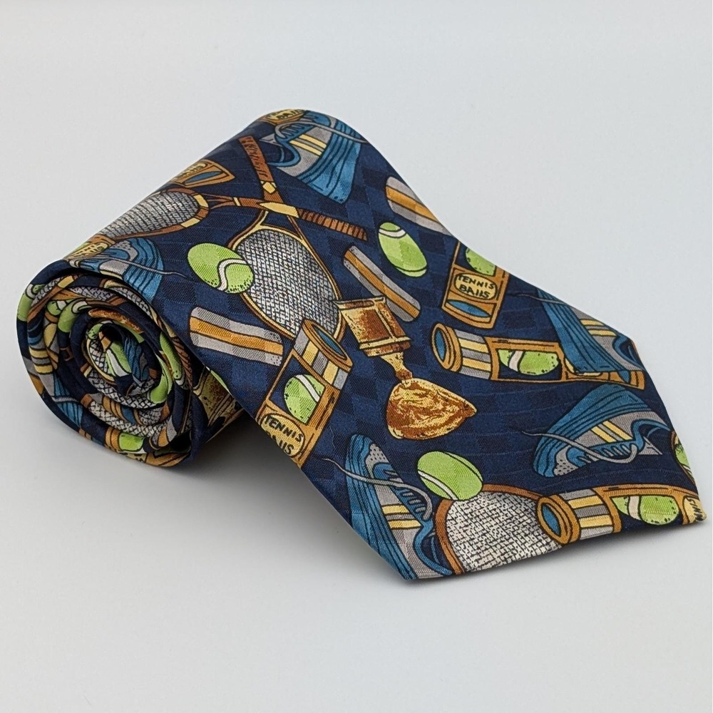 VTG Dino Romaro Men's Tennis Theme Silk Tie Navy Blue Rackets Balls Shoes 58x4"